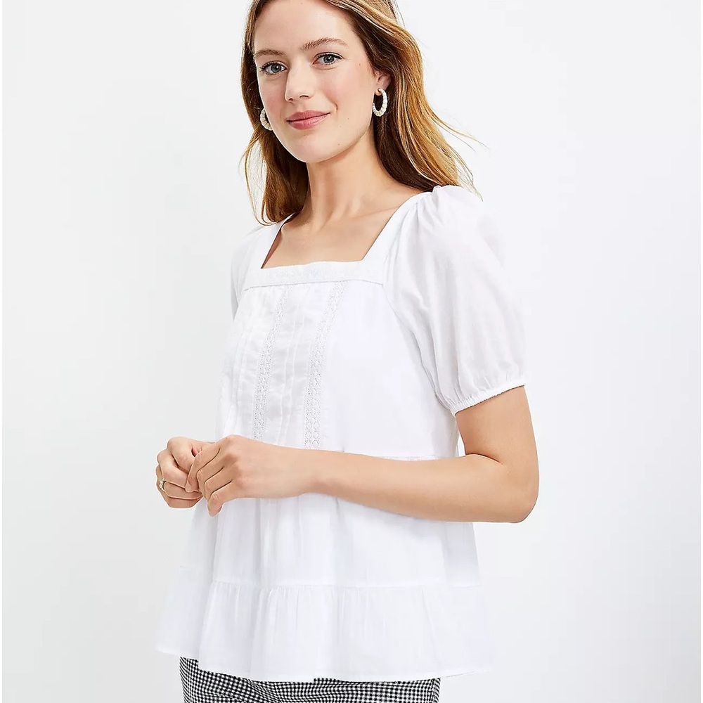 LOFT Lacy Tiered Square Neck Top Size S